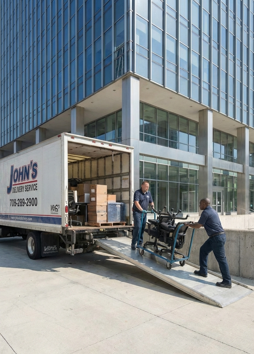 Professional Commercial Movers moving a pallet into a commercial building in Chicago.