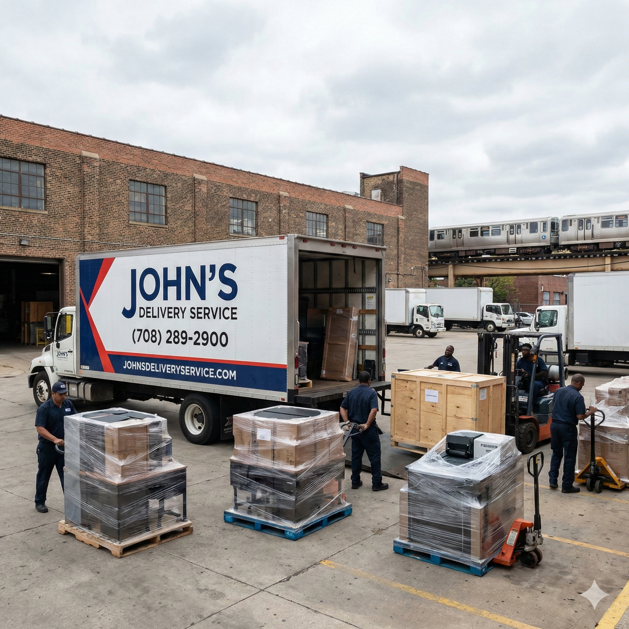 A John's Delivery Service truck being unloaded by a crew at a busy Chicago loading dock, with large freight crates and pallets, and an 'L' train passing on elevated tracks in the background.