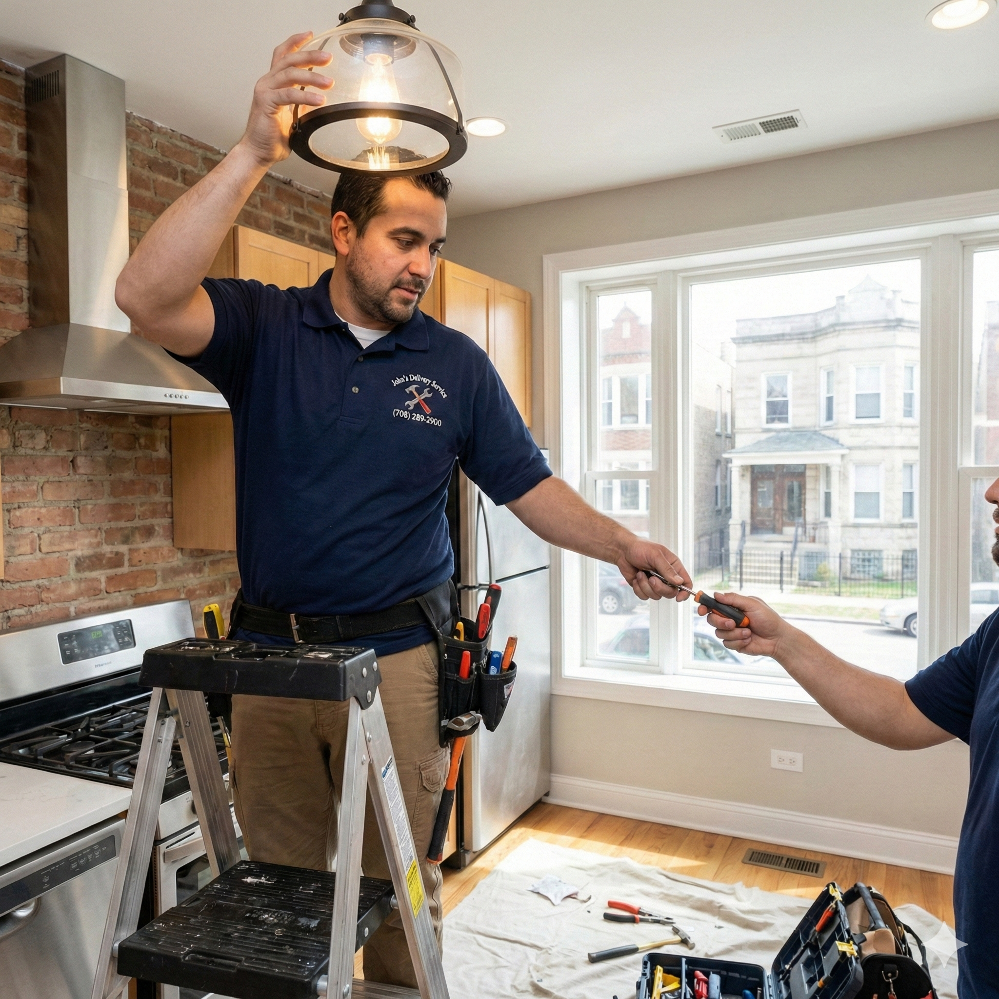 A professional handyman from John's Delivery Service installing a light fixture in a Chicago kitchen.