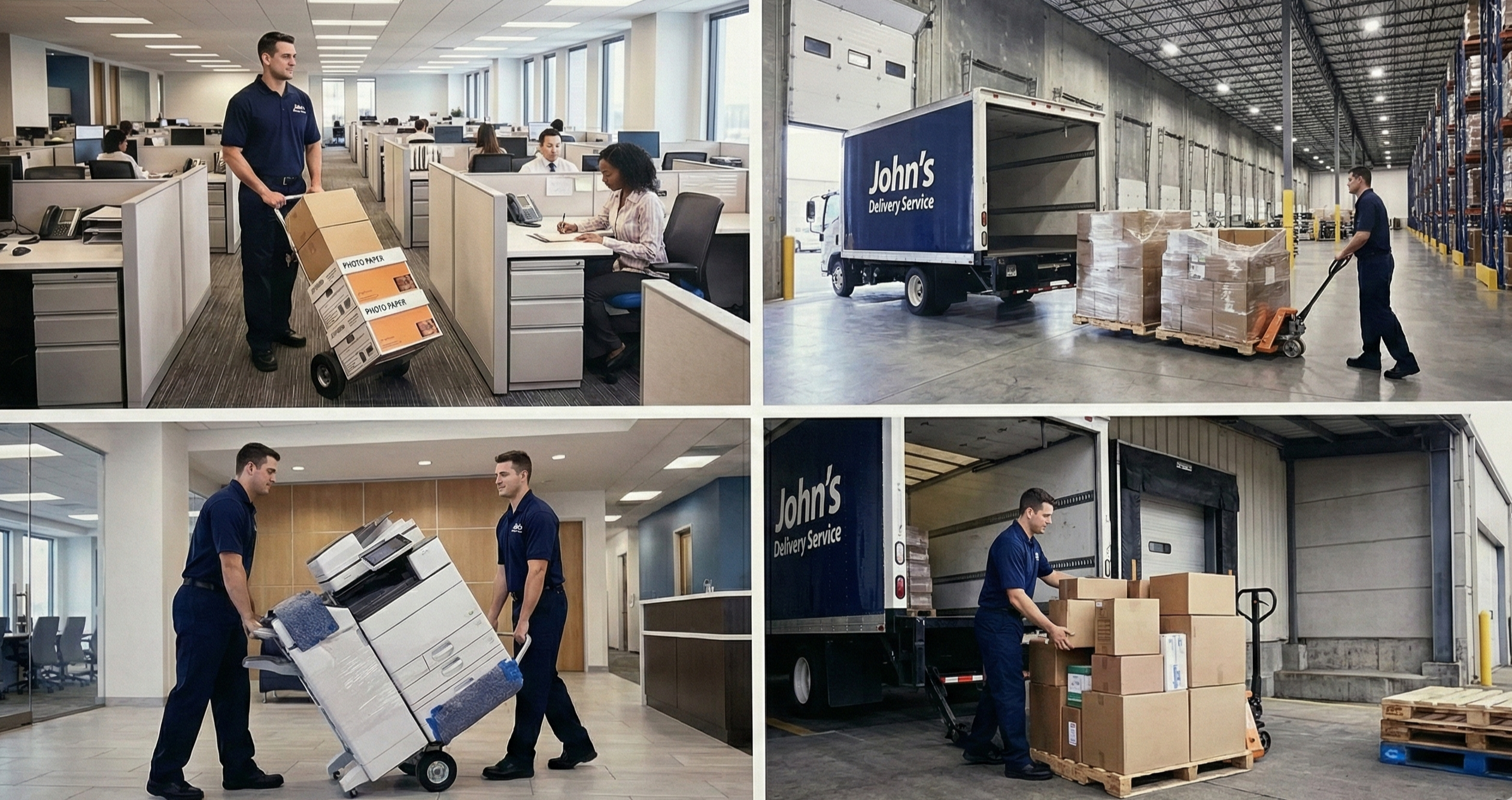 A four-panel collage of John's Delivery Service commercial solutions: bulk office paper delivery, warehouse pallet logistics, specialized office printer moving, and loading dock box pickups in Chicago.