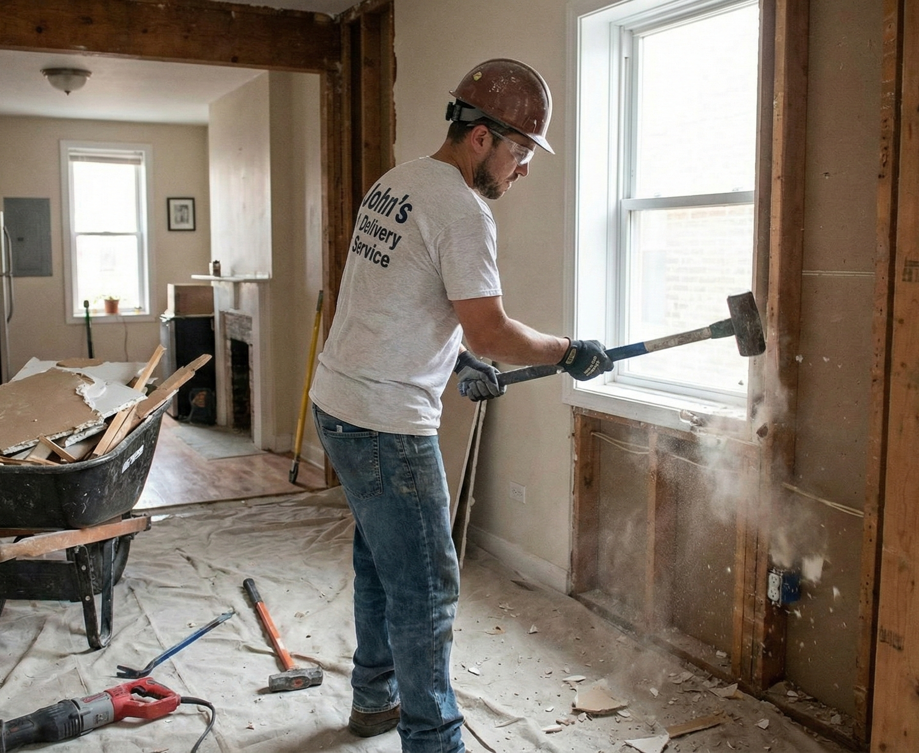 John's Delivery Service professional performing light demolition and wall removal for a residential renovation in Chicago.