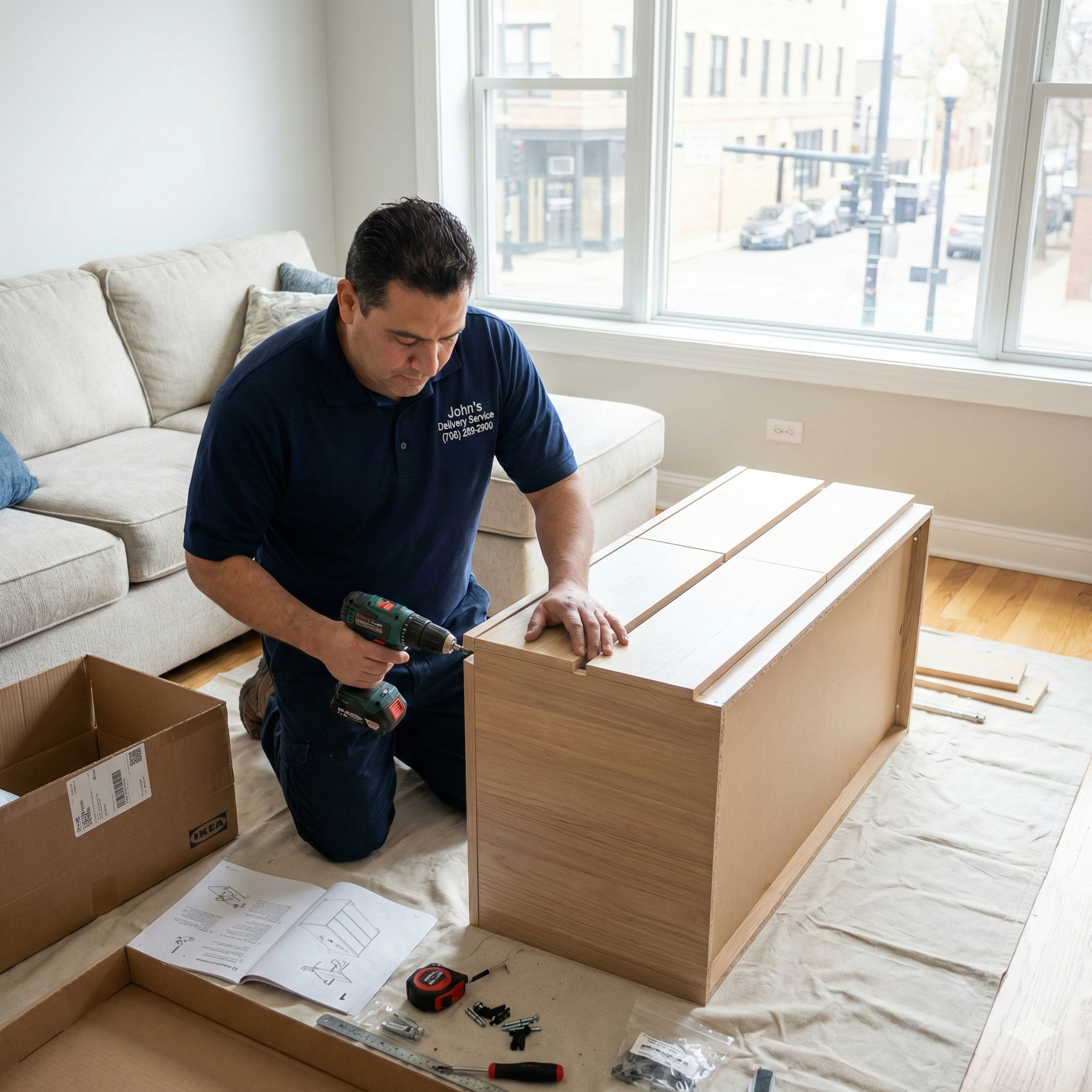 A professional furniture assembler from John's Delivery Service in Chicago using a power drill to build a wooden dresser in a customer's living room.