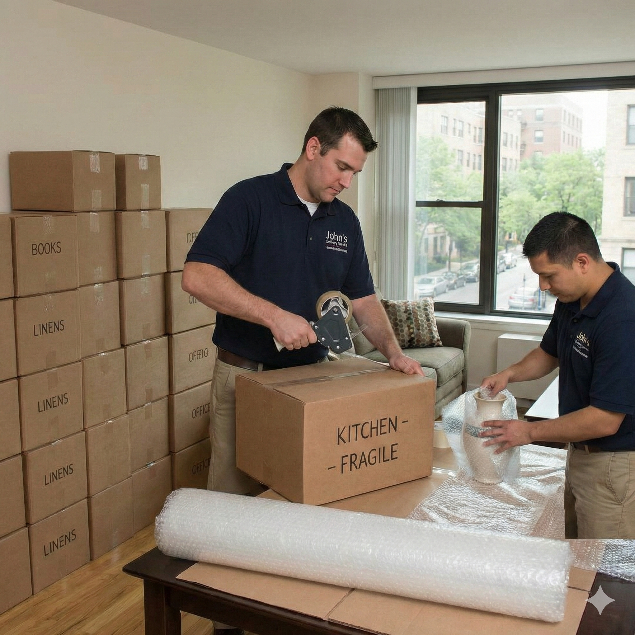 Professional movers from John's Delivery Service carefully wrapping fragile kitchen items and taping organized moving boxes for a Chicago residential move.