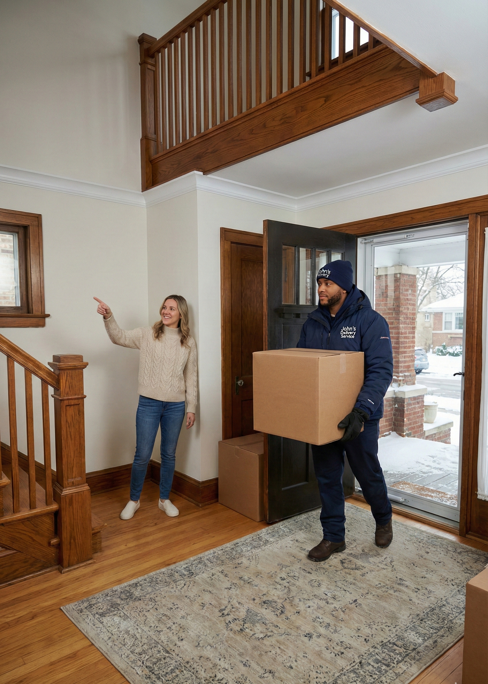 A John's Delivery Service professional mover in winter gear carrying a box into a Chicago home while the homeowner points toward the stairs for placement.