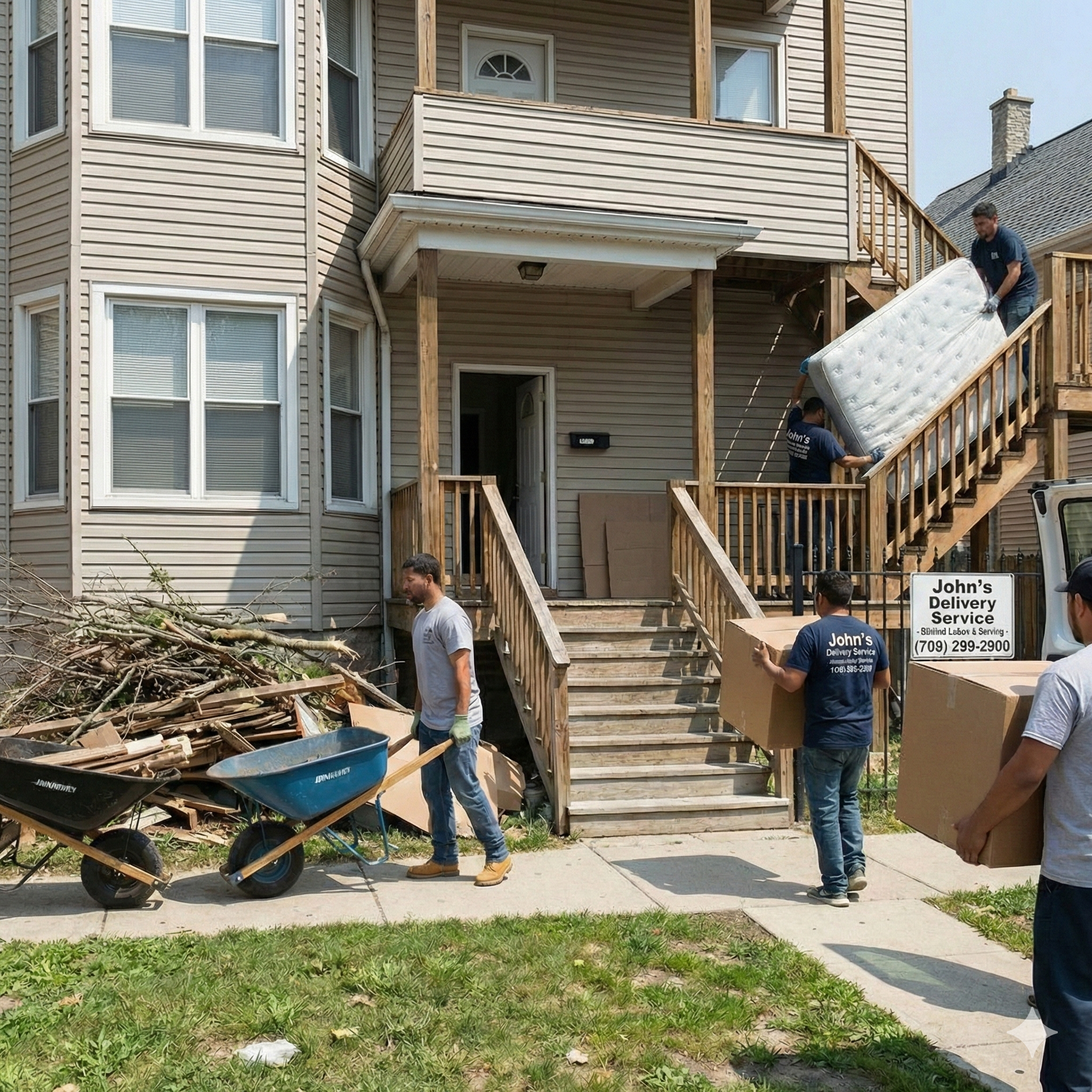 John's Delivery Service team providing professional labor services including moving boxes, hauling debris, and carrying a mattress at a Chicago residence.