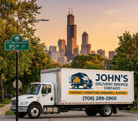 A professional 26ft white box truck for "John's Delivery Service Chicago" parked on 95th St near the Oak Lawn Park District sign during sunset. The truck graphics clearly display the logo, services "MOVING, FURNITURE ASSEMBLY, & MORE!", and the phone number "(708) 289-2900". The downtown Chicago skyline, including the Willis Tower, is visible in the background.